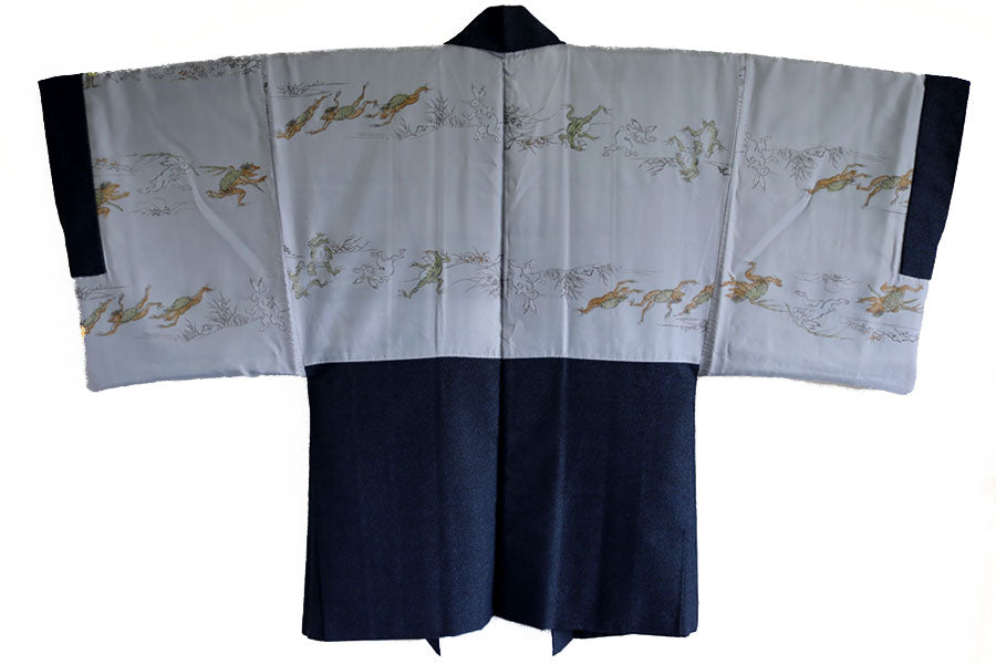 Antique Kimono 麻織物着物上布 武士Busi Samurai Yamato Budogu Antique Silk Haori Jacket with Kamon & SAMURAI